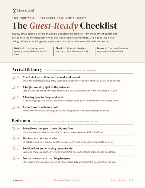 Page one of the Guest-Ready Checklist: arrival and entry, and bedroom