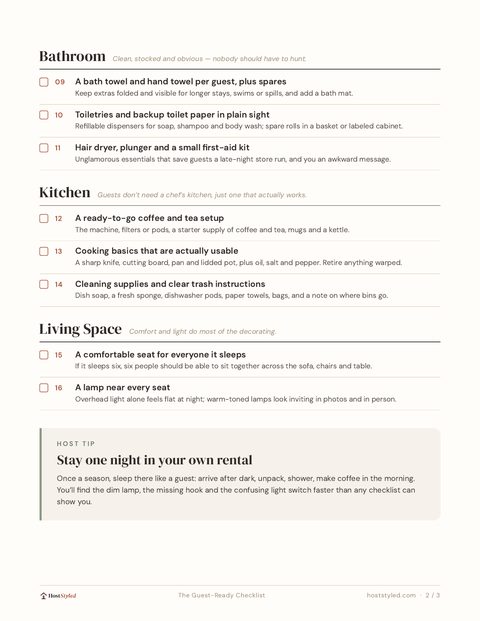 Page two of the Guest-Ready Checklist: bathroom, kitchen and living space