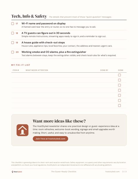 Checklist page three: tech, info and safety, plus a blank fix-it list