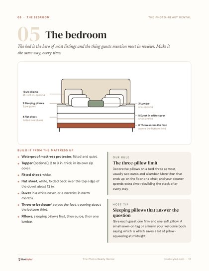Guide page: the bedroom, with a step-by-step bed formula