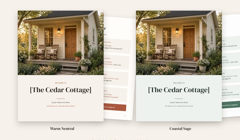 The Welcome Book cover in two colorways side by side: Warm Neutral and Coastal Sage