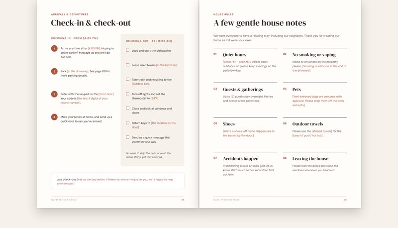 Inside pages of the Welcome Book: check-in and check-out steps, and a page of gentle house notes, with editable text highlighted