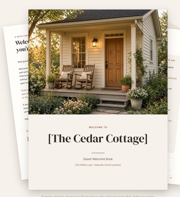 The Welcome Book template cover, Warm Neutral design, with sample cottage photo and placeholder name [The Cedar Cottage]